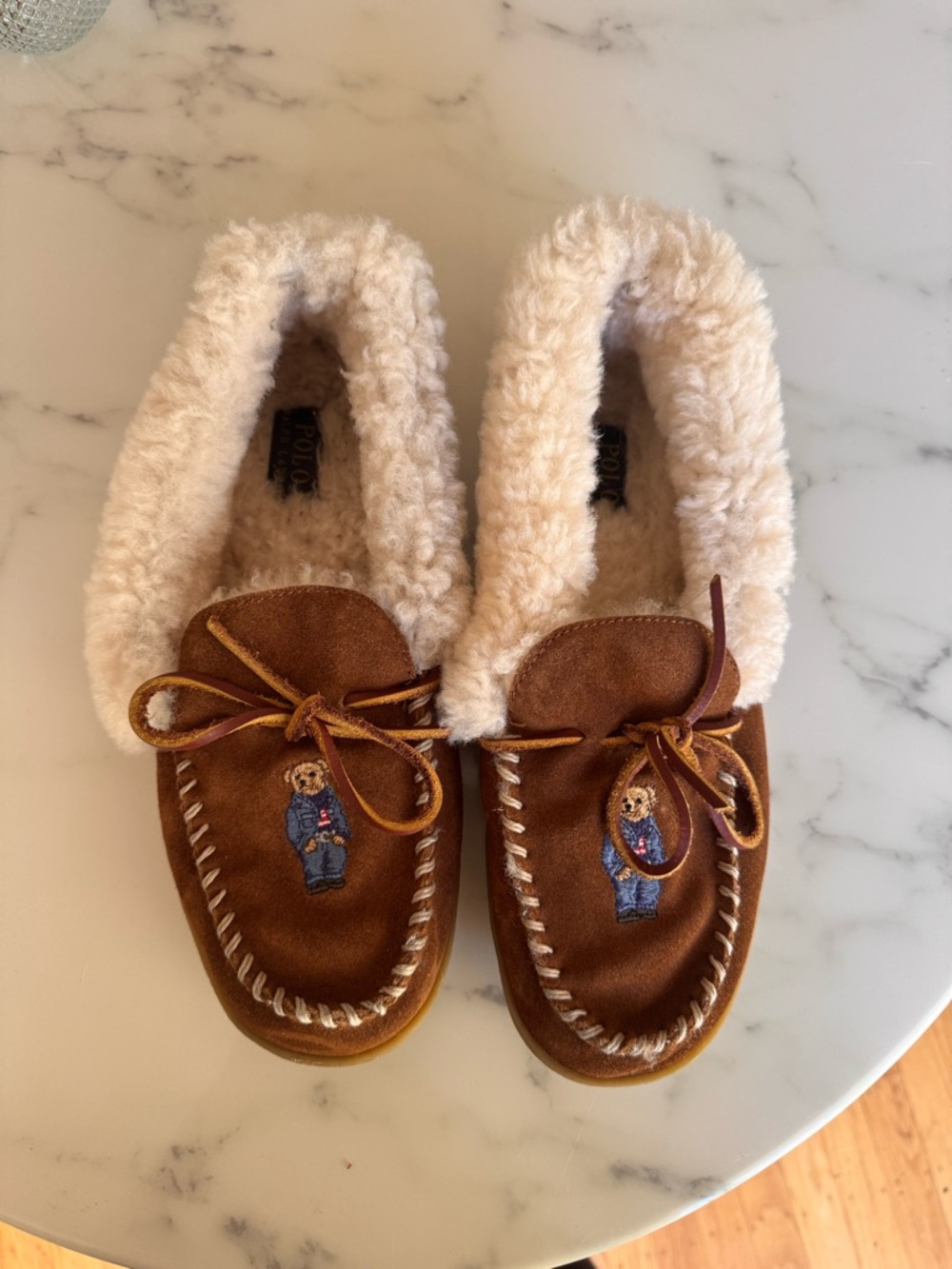 Polo by Ralph Lauren Brown Suede Shearling-Lined Moccasin Slippers